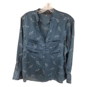 Zara Basic Leaf Print Teal Satin Henley Top Sz M - image 1